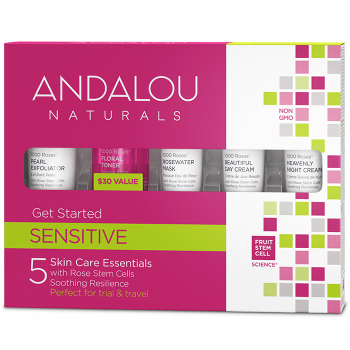 Andalou Naturals 1000 Roses Get Started Sensitive Kit (Skin Care Essentials), 5 pc, Andalou Naturals