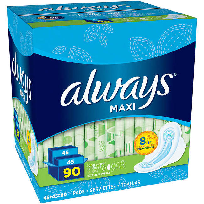 Always Always Maxi Long Super Pads with Wings, 90 ct