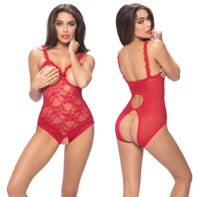 Ambre Open Cup Crotchless Teddy, Red, One Size, Oh La La Cheri Lingerie