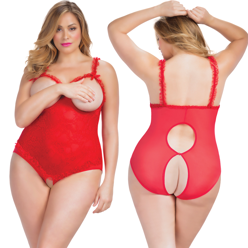 Ambre Open Cup Crotchless Teddy, Red, Queen Size, Oh La La Cheri Lingerie