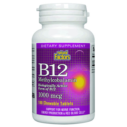 Natural Factors Vitamin B12 Methylcobalamin 1000 mcg, 180 Chewable Tablets, Natural Factors