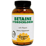 Country Life Betaine Hydrochloride w/Pepsin 250 Tablets, Country Life