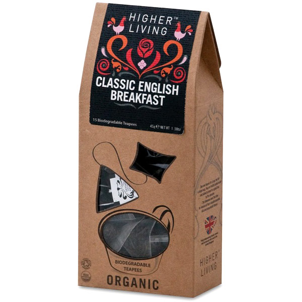 Higher Living Teas Organic Classic English Breakfast Tea, 15 Biodegradable Teapees, Higher Living