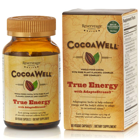 ReserveAge Organics CocoaWell True Energy with AdaptoStress3 (Cocoa Well) 60 Veggie Capsules, ReserveAge Organics