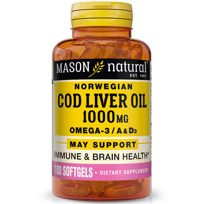 Mason Natural Cod Liver Oil 20 Minims, 100 Softgels, Mason Natural