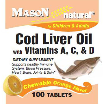 Mason Natural Cod Liver Oil with Vitamin A, C & D, Chewable Orange Flavor, 100 Tablets, Mason Natural