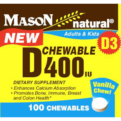 Mason Natural Chewable Vitamin D 400 IU for Adults & Kids, 100 Chewables, Mason Natural