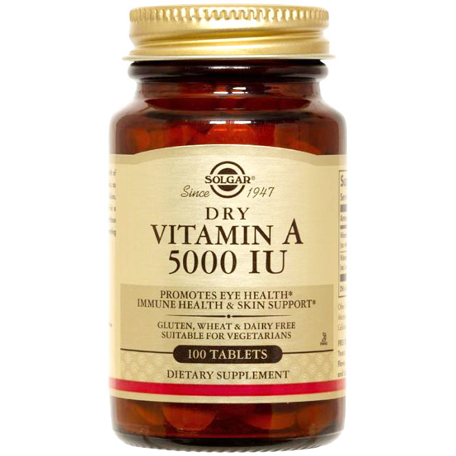 Dry Vitamin A 5,000 IU, 100 Tablets, Solgar