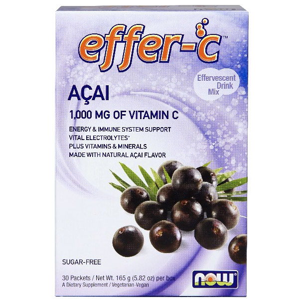 NOW Foods Effer-C Acai Berry, Vitamin C Effervescent Drink Mix, 30 Stick Packets, NOW Foods