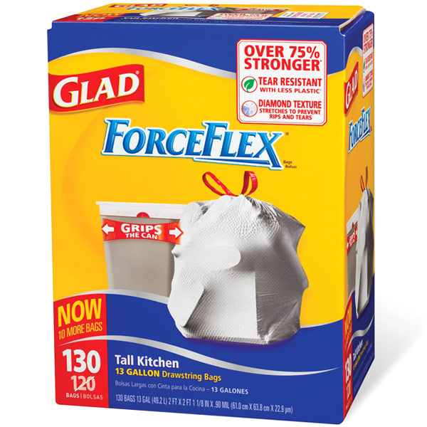 Glad Glad ForceFlex Tall Kitchen 13 Gallon Drawstring Trash Bags, 130 Bags