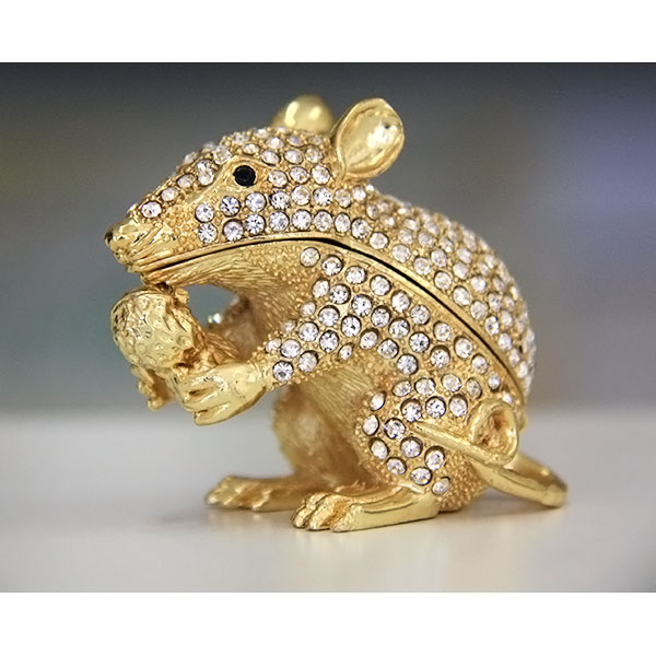 Jewelry Gift Box Golden Mouse Holding Peanut Gilt Jewelry Gift Box with Fine Crystals