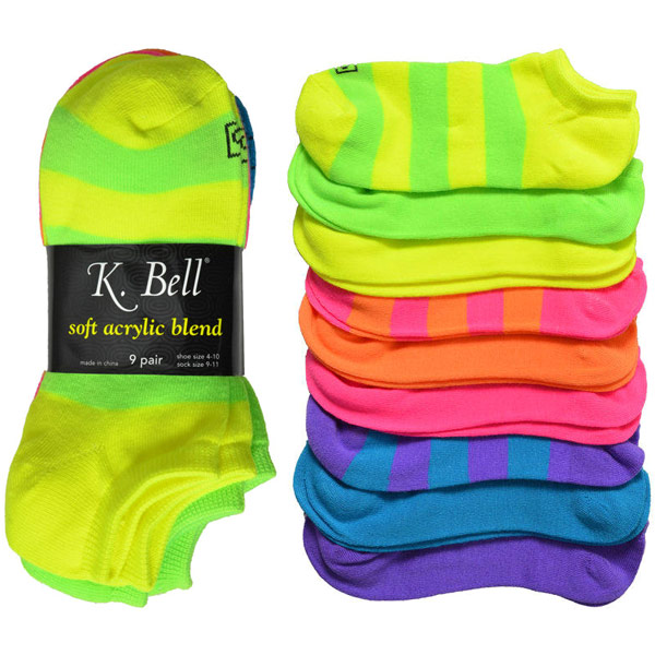 K. Bell K. Bell Ladies' No-Show Sock, Soft Acrylic Blend, Neon Stripe, 9 Pair