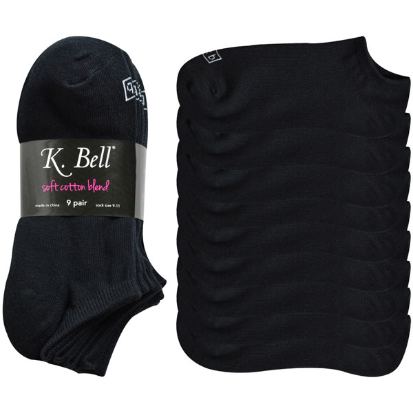 K. Bell K. Bell Ladies' No-Show Sock, Soft Cotton Blend, Black, 9 Pair