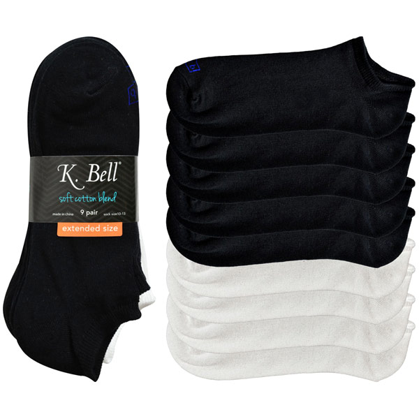 K. Bell K. Bell Ladies' No-Show Sock, Soft Cotton Blend, Black & White Extended Sizes, 9 Pair
