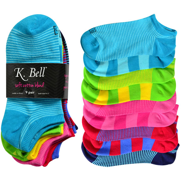 K. Bell K. Bell Ladies' No-Show Sock, Soft Cotton Blend, Bright Stripe, 9 Pair