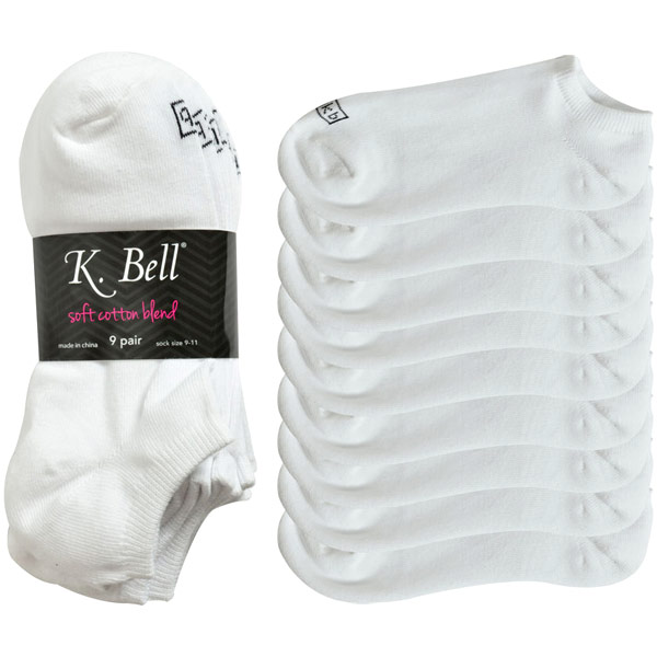 K. Bell K. Bell Ladies' No-Show Sock, Soft Cotton Blend, White, 9 Pair