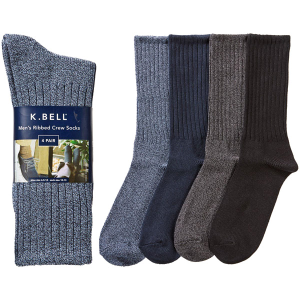 K. Bell K. Bell Men's Ribbed Crew Socks, Black & Navy Assortment, 4 Pair