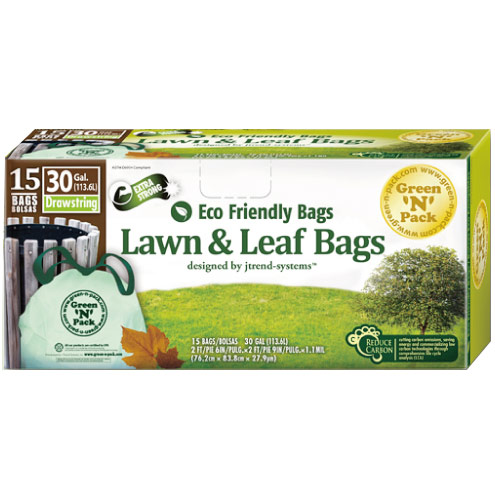 Green'N'Pack Eco Friendly Bags Lawn & Leaf Drawstring Trash Bags, 30 Gallon, 15 Count/Box, Green'N'Pack Eco Friendly Bags