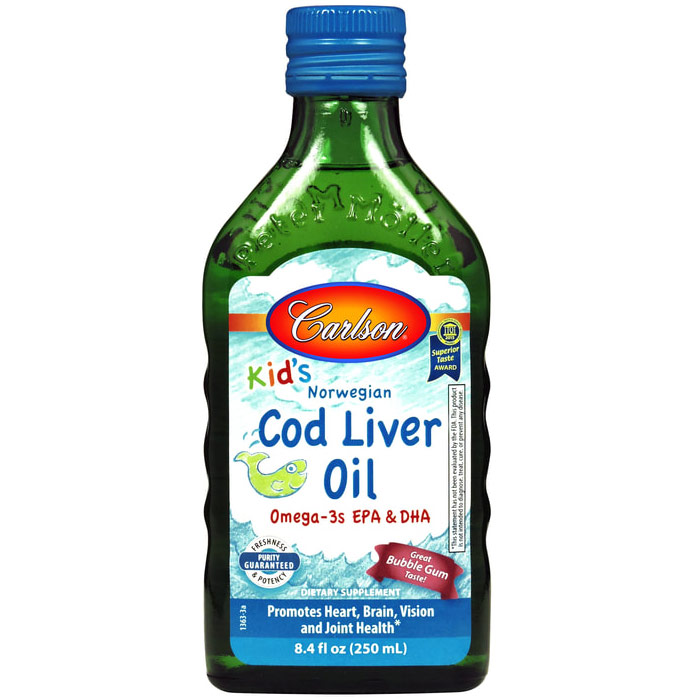 Carlson Laboratories Norwegian Cod Liver Oil Liquid for Kids, Bubble Gum, 250 ml, Carlson Labs