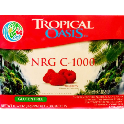 Tropical Oasis NRG C-1000 Drink Mix, Electrolyte Replenishment, Raspberry, 30 Packets, Tropical Oasis