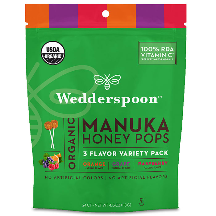 Organic Manuka Honey Pops 3 Flavor Variety Pack (Orange/Grape/Raspberry), 4.15 oz (118 g), Wedderspoon