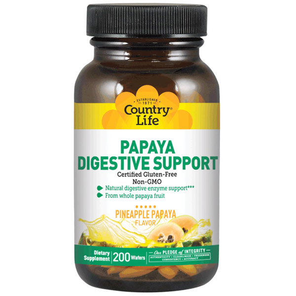 Country Life Papaya Digestive Support, Pineapple Papaya Flavor, 200 Chewable Wafers, Country Life