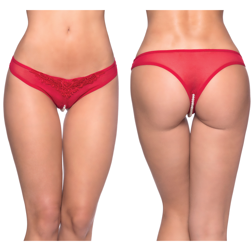 Paradise Crotchless Pearl Thong, Red, 1X/2X, Oh La La Cheri Lingerie