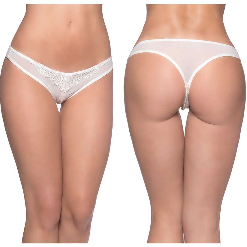 Paradise Crotchless Pearl Thong, White, 1X/2X, Oh La La Cheri Lingerie