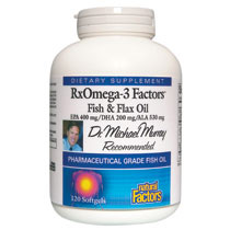 Natural Factors RxOmega-3 Factors Fish & Flax Oil, EPA 400/DHA 200/ALA 530, 120 Softgels, Natural Factors