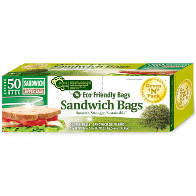 Green'N'Pack Eco Friendly Bags Sandwich Zipper Bags, 50 Count/Box, Green'N'Pack Eco Friendly Bags