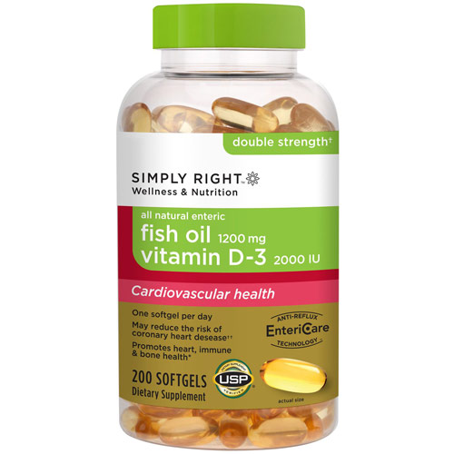 Simply Right Simply Right Double Strength Fish Oil 1200 mg with Vitamin D3 2000 IU, 200 Softgels