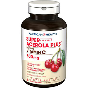 American Health Super Acerola Plus Natural Vitamin C 500 mg Chewable Berry, 250 + 50 Wafers Bonus Size While Supplies Last, American Health