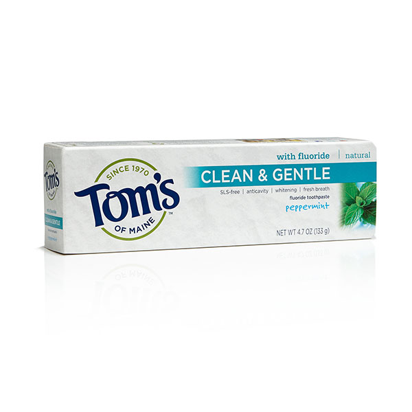 Tom's of Maine Clean & Gentle Care SLS-Free Anticavity Plus Whitening Fluoride Toothpaste, Peppermint, 5.2 oz, Tom's of Maine
