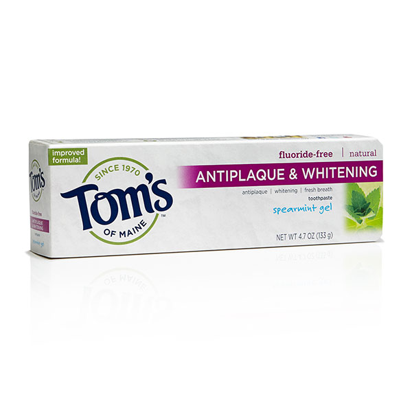 Tom's of Maine Toothpaste Anti-Plaque Whitening Fluoride-Free, Spearmint Gel, 4.7 oz, Tom's of Maine