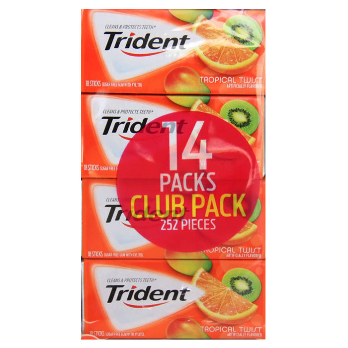 Kraft Foods Trident Sugar Free Gum with Xylitol, Tropical Twist, 252 Pieces (18 Sticks x 14 Packs)