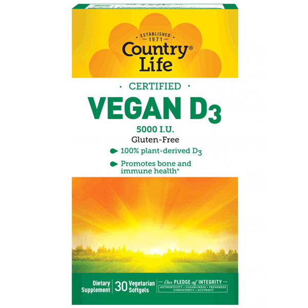 Country Life Vegan D3, Vitamin D 5000 IU, 60 Vegetarian Softgels, Country Life