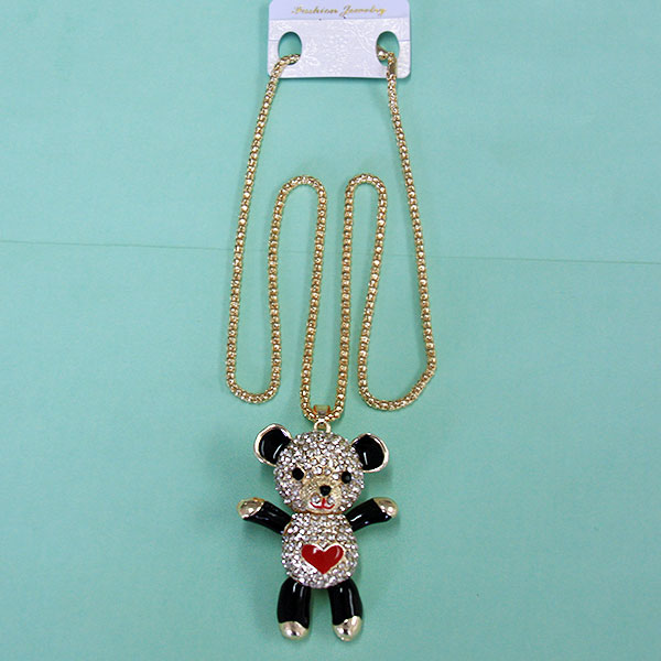 Jewelry Gift Women Fashion Rhinestone Bling Long Sweater Necklace - Black Bear with Red Heart