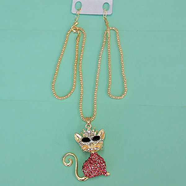 Jewelry Gift Women Fashion Rhinestone Bling Long Sweater Necklace - Pink Cat