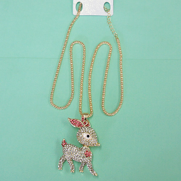 Jewelry Gift Women Fashion Rhinestone Bling Long Sweater Necklace - Pink & White Deer