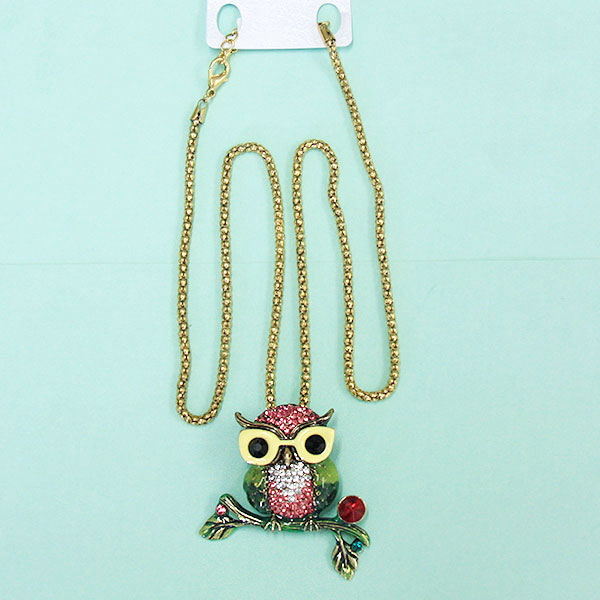 Jewelry Gift Women Fashion Rhinestone Bling Long Sweater Necklace - Pink & White Owl with Yellow Glasses